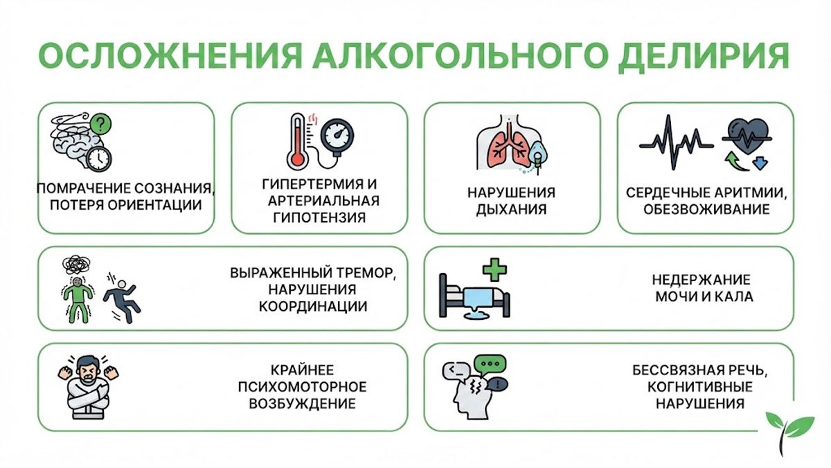 Инфографика: основные осложнения алкогольного делирия, нарушения сознания, тремор и психомоторное возбуждение.