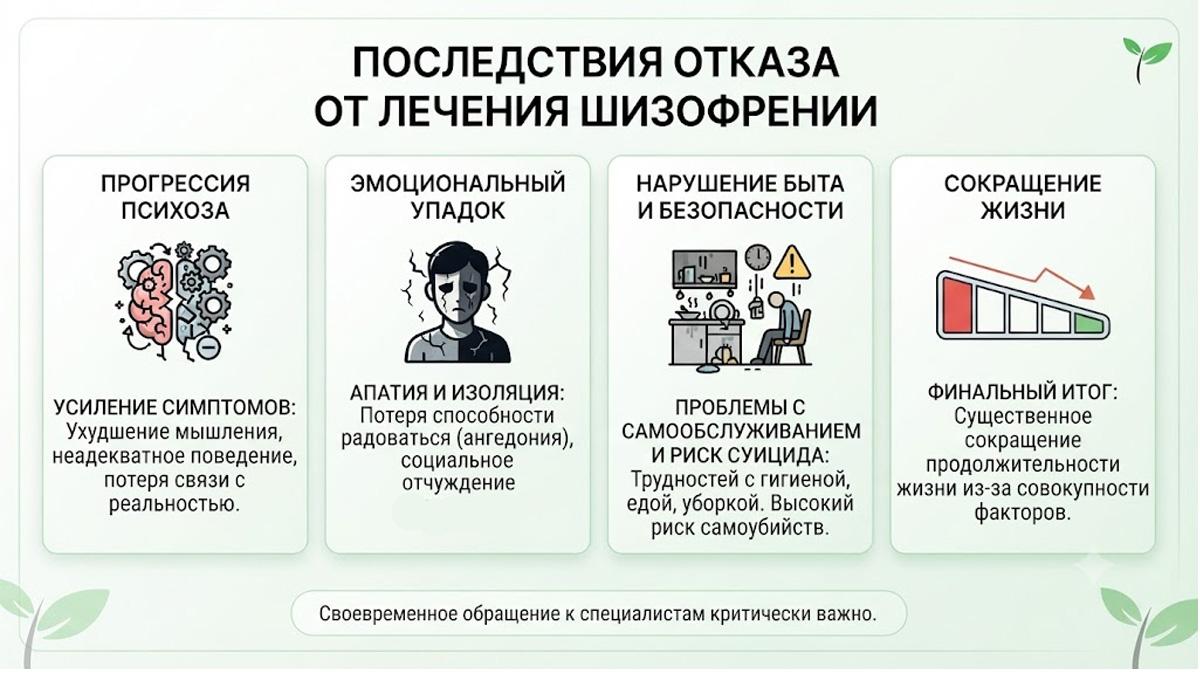 Инфографика: последствия отказа от лечения шизофрении, прогрессия психоза, эмоциональный упадок, нарушение быта и сокращение жизни.