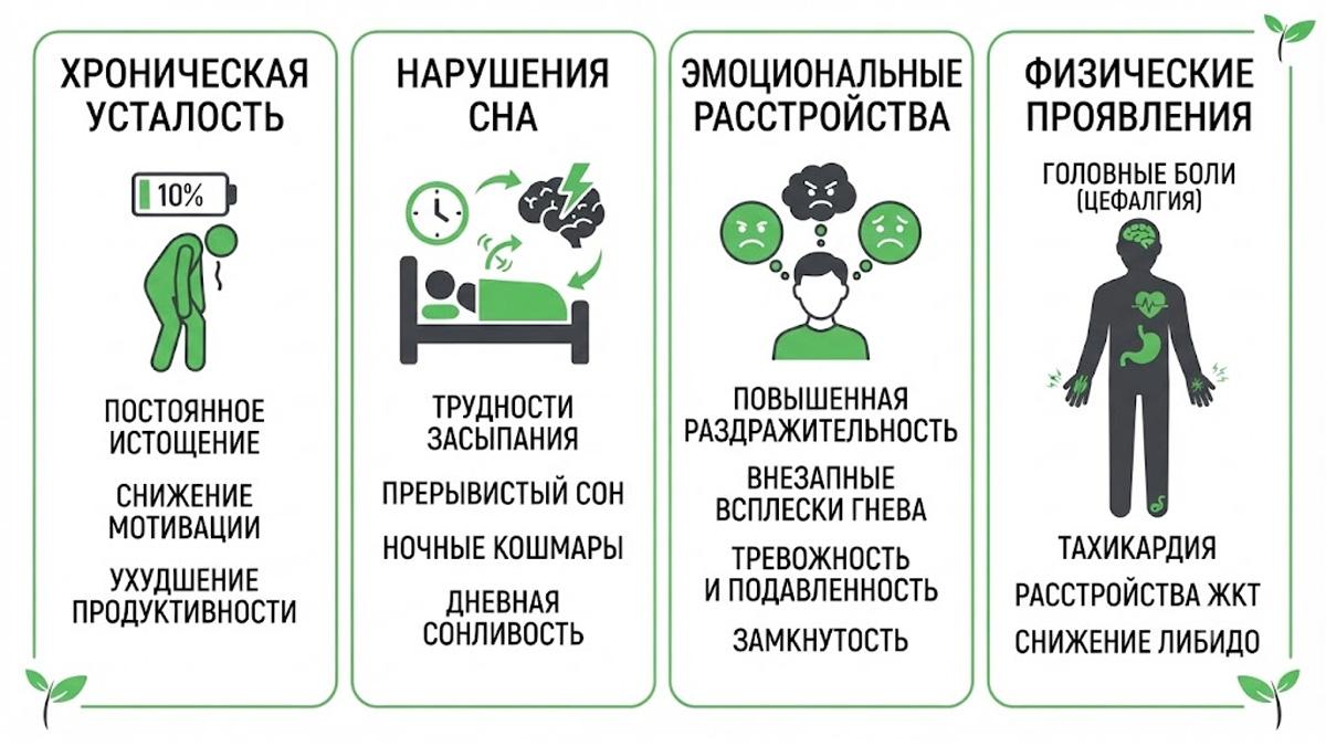 Инфографика: основные симптомы неврастении и астенического синдрома.